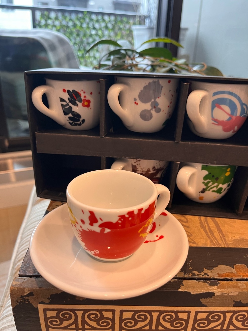 Espresso Cup and Saucer Set with multi color Splash Design Set ot 6